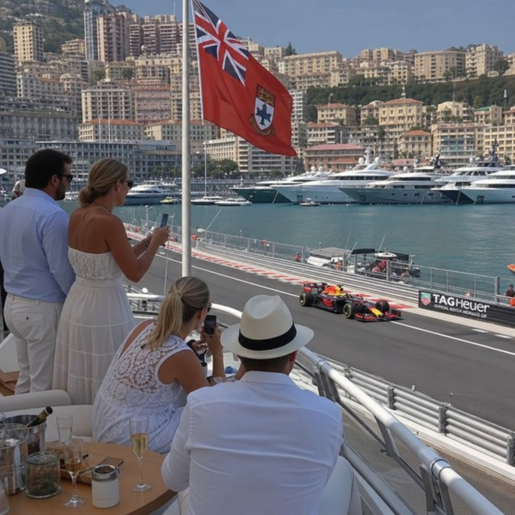 Spectators watching the race from a luxury yacht in the Monaco harbor